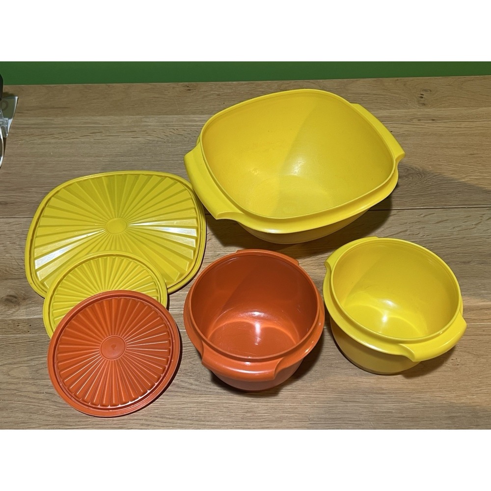 Tupperware Servalier Yellow & Orange 3 Pieces Sunburst Lid Vintage READ